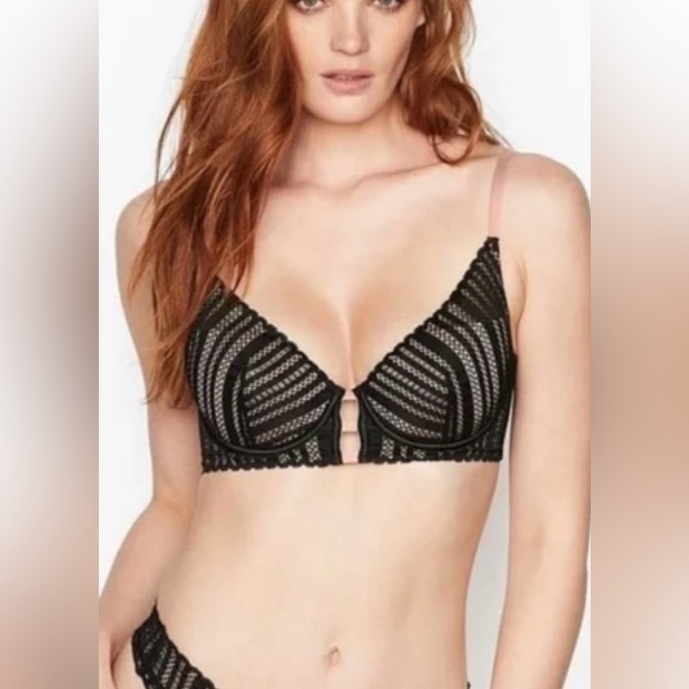 Victoria’s Secret Black Pink Lace Plunge Underwire Bra 34DD NWOT